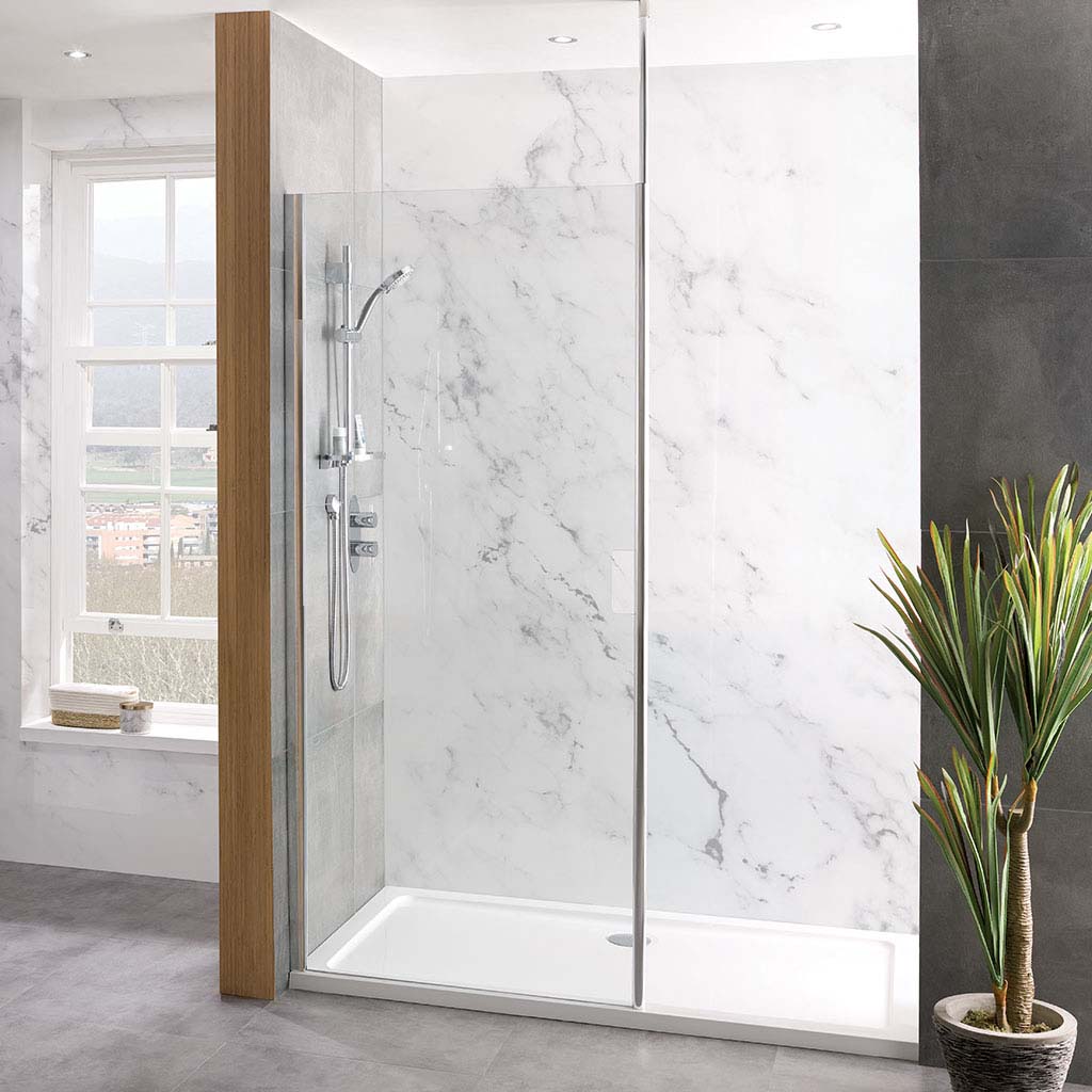 Valliant 8mm 2000mm x 1000mm Round Pole Walk-In Shower Panel with Hand Hold - Chrome Profiles