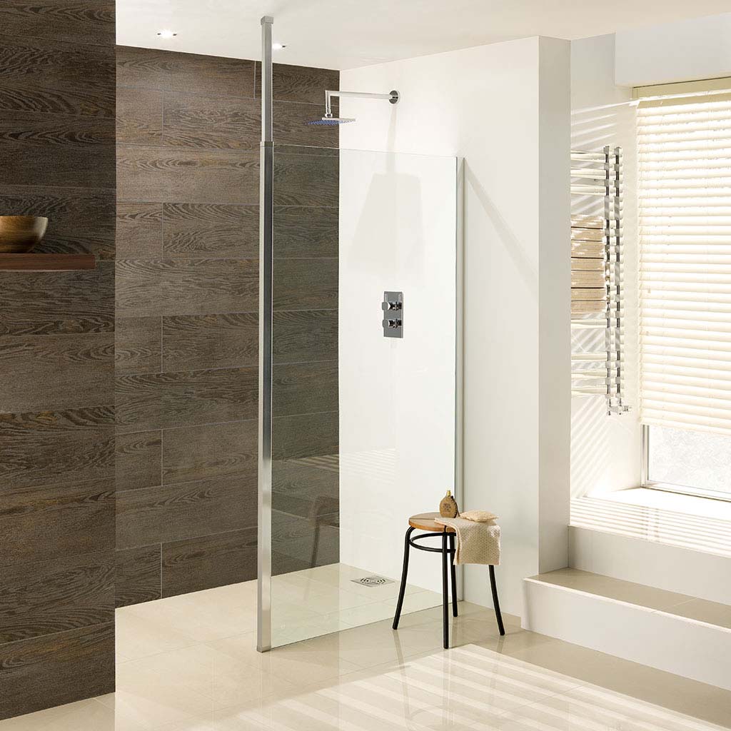 Valliant 8mm 1950mm x 500mm Square Pole Walk-In Front Shower Panel - Chrome
