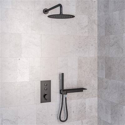 Shower Bundle with Concealed Push Button Valve, Shower Shelf, Round Shower Head & Arm - Smooth Black