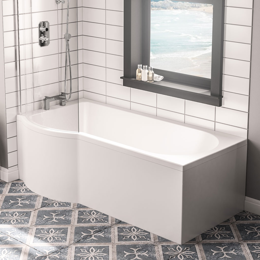 Portland 1600 x 850 x 440mm Right Hand (RH) P-Shaped 5mm Shower Bath - White