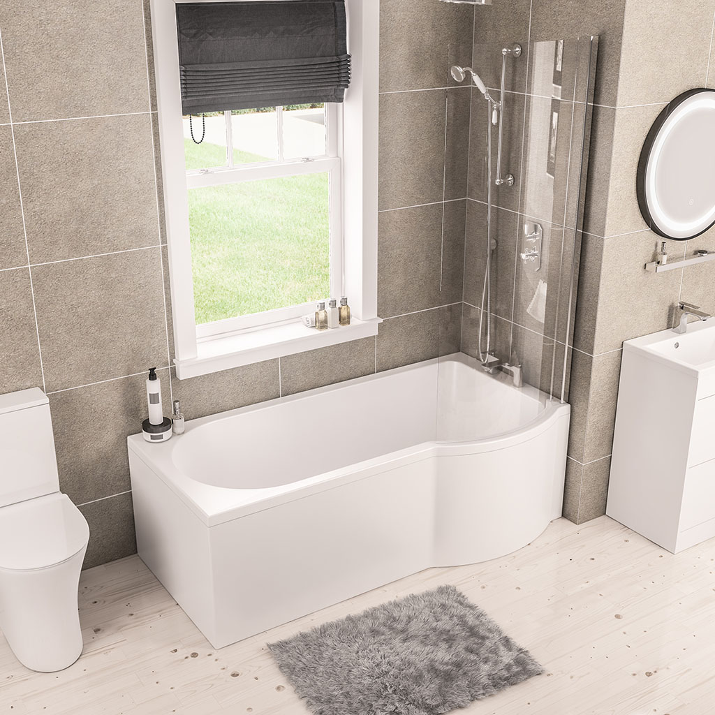 Portland 1500 x 850 x 440mm Right Hand (RH) P-Shaped Beauforte Shower Bath - White