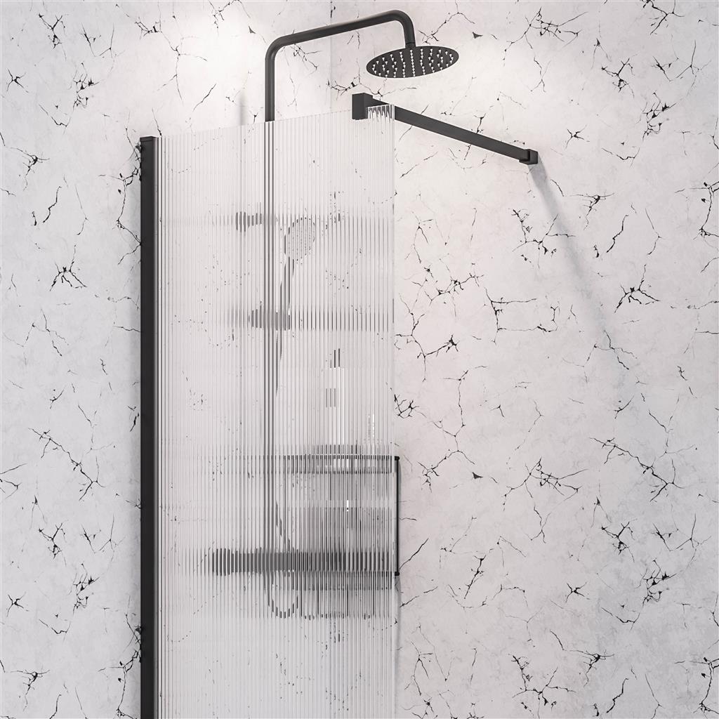 Vantage 2000 8mm Easy Clean 2000mm x 1000mm Walk-In Shower Panel with Fluted Glass - Matt Black
