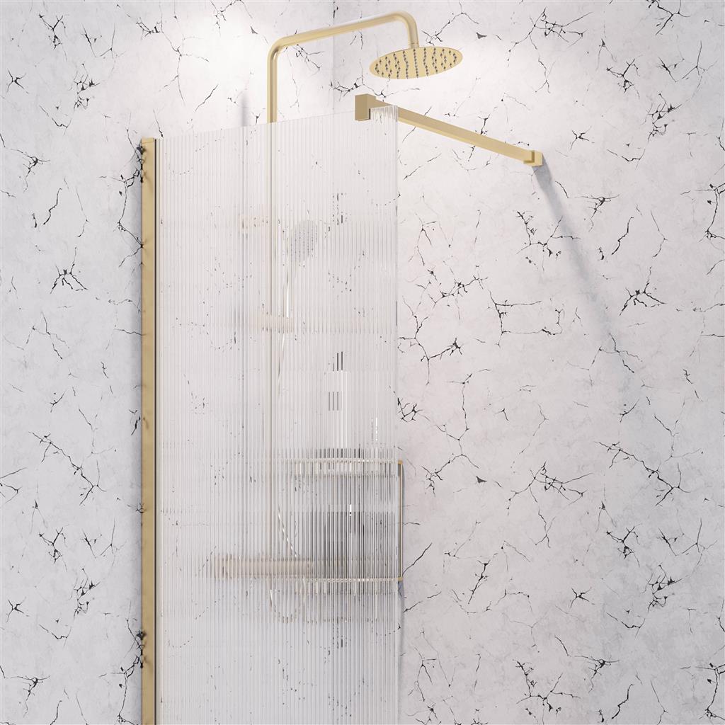 Vantage 2000 8mm Easy Clean 2000mm x 1100mm Walk-In Shower Panel with Fluted Glass - Brushed Brass