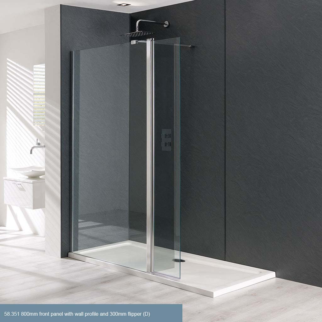 Valliant Type D 8mm 1950mm x 600mm Walk-In Front Shower Panel with 300mm Flipper - Chrome