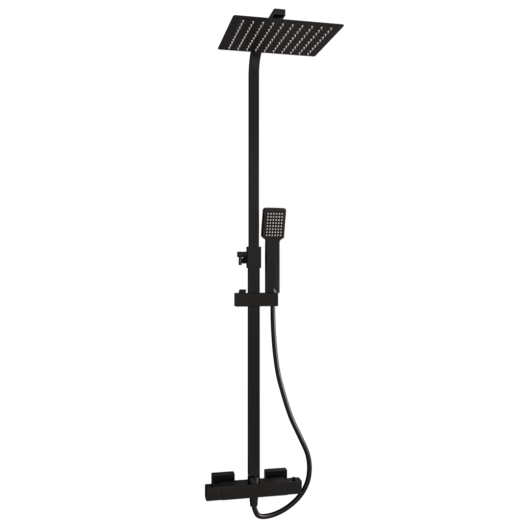 Modern Adjustable Height (850-1200mm) Square Thermostatic Shower Pole - Matt Black