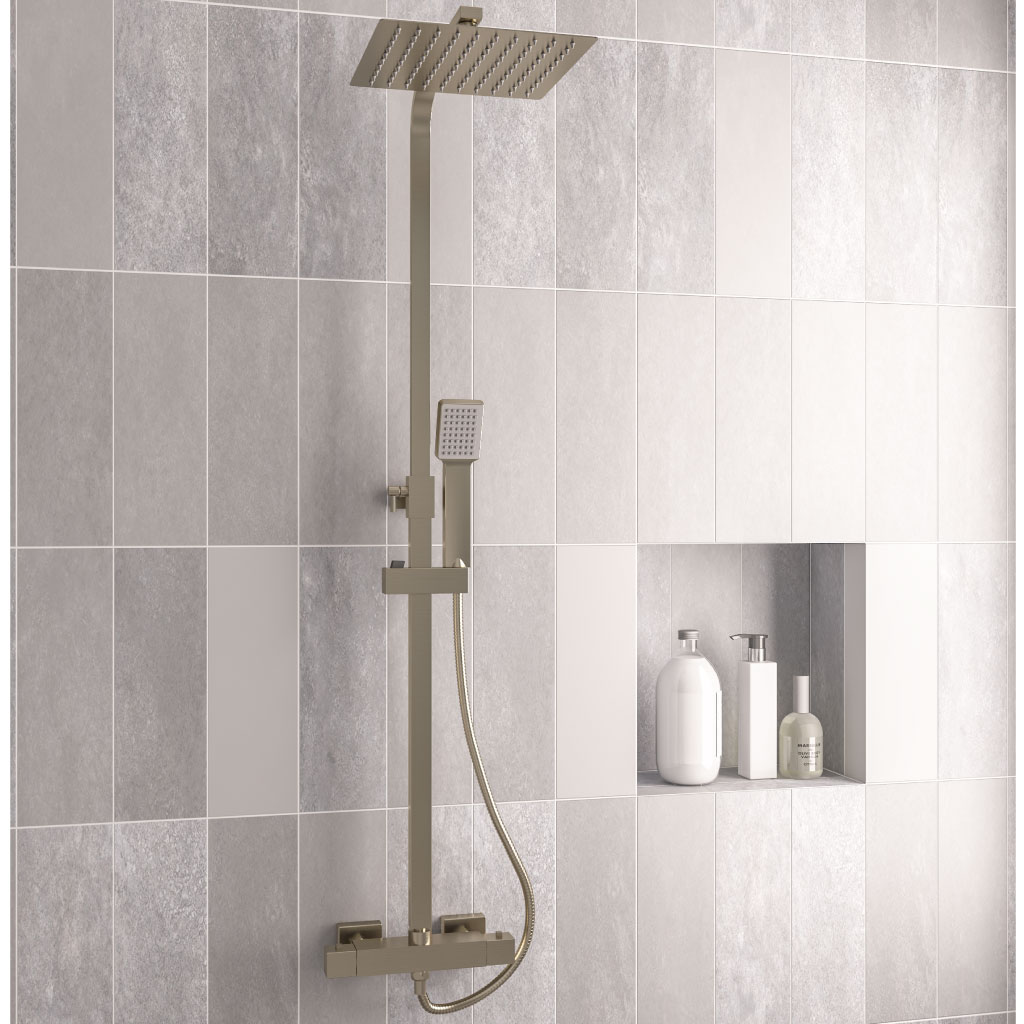 Modern Adjustable Height (850-1200mm) Square Thermostatic Shower Pole - Brushed Brass