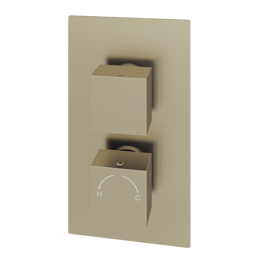 Concealed Thermostatic Twin Shower Valve with Square Handles - Brushed Brass