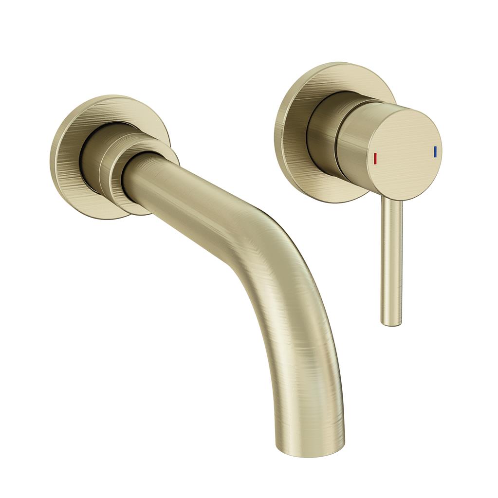 Meriden Wall Mounted Basin Mixer Tap with Curved Spout Brushed Brass 