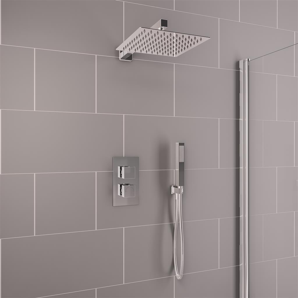 Square Thermostatic Shower Bundle with Shower Head, Valve & Handset - Chrome