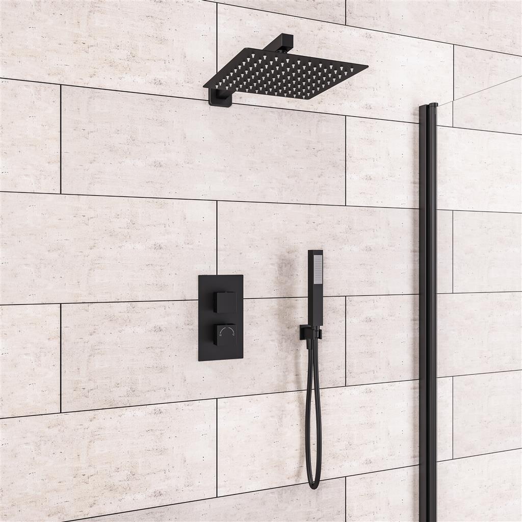 Square Thermostatic Shower Bundle with Shower Head, Valve & Handset - Matt Black