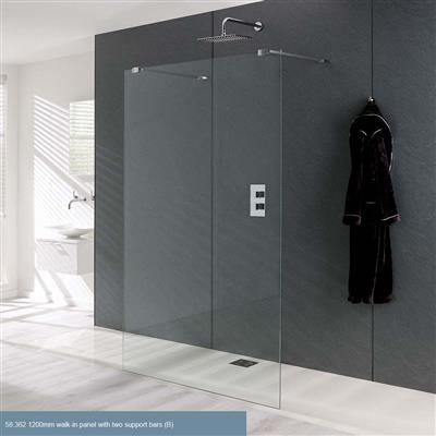 Valliant Type B 8mm 1950mm x 1000mm Walk-In Shower Panel with 2 x Support Bars - Chrome