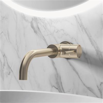 Meriden Wall Mounted Single Lever Curved Spout Basin Mixer Tap Brushed Brass