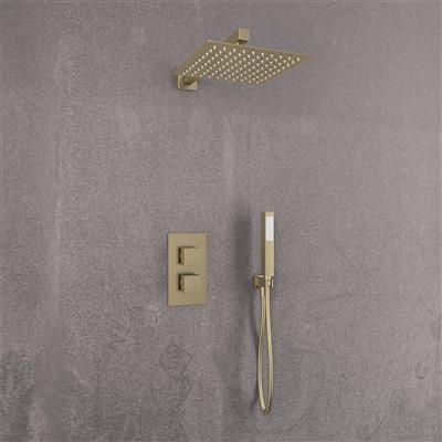 Square Thermostatic Shower Bundle with Shower Head, Valve & Handset - Brushed Brass